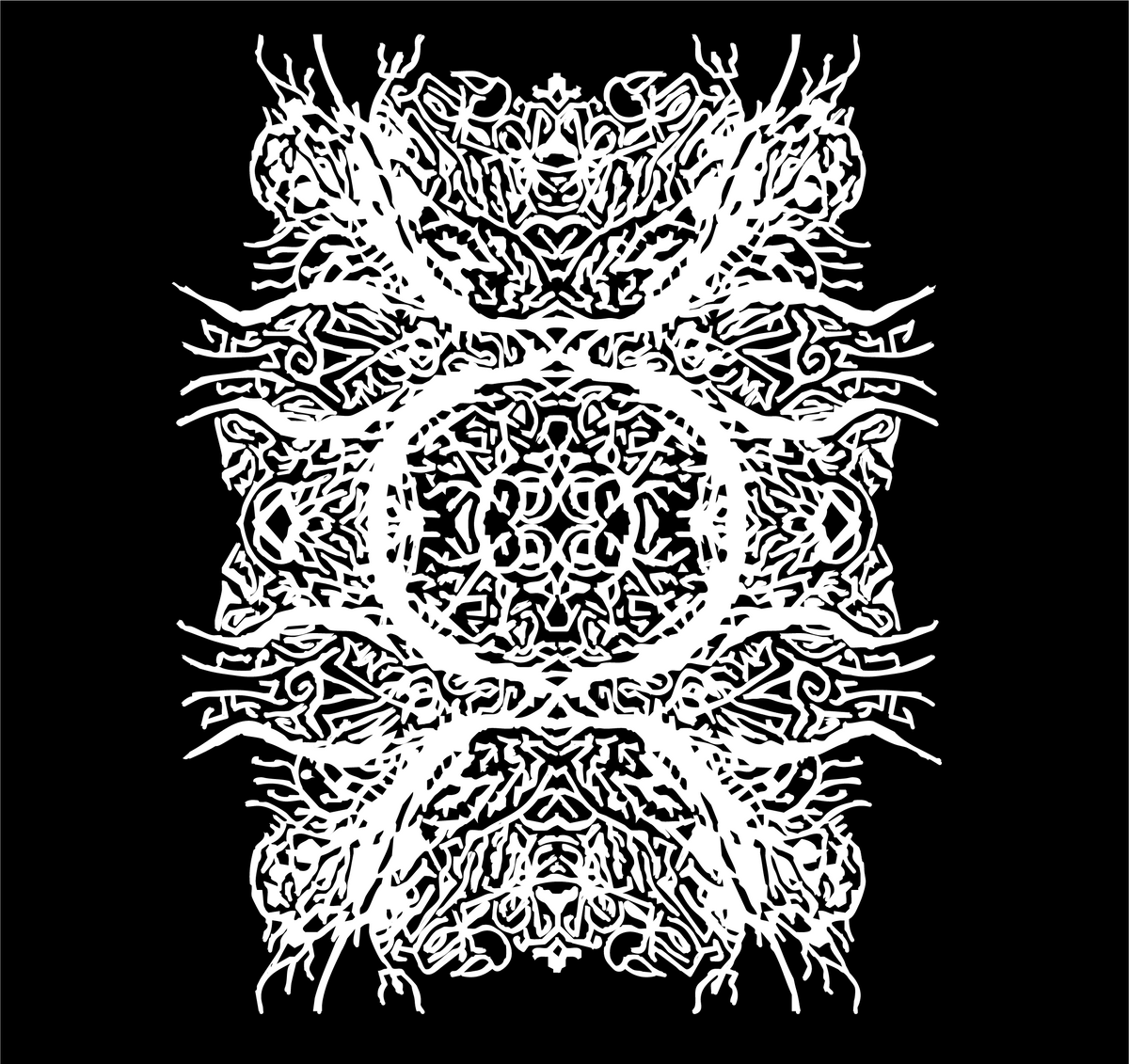 Black and white intricate line art of a cat's face with detailed patterns, high contrast design for artistic display